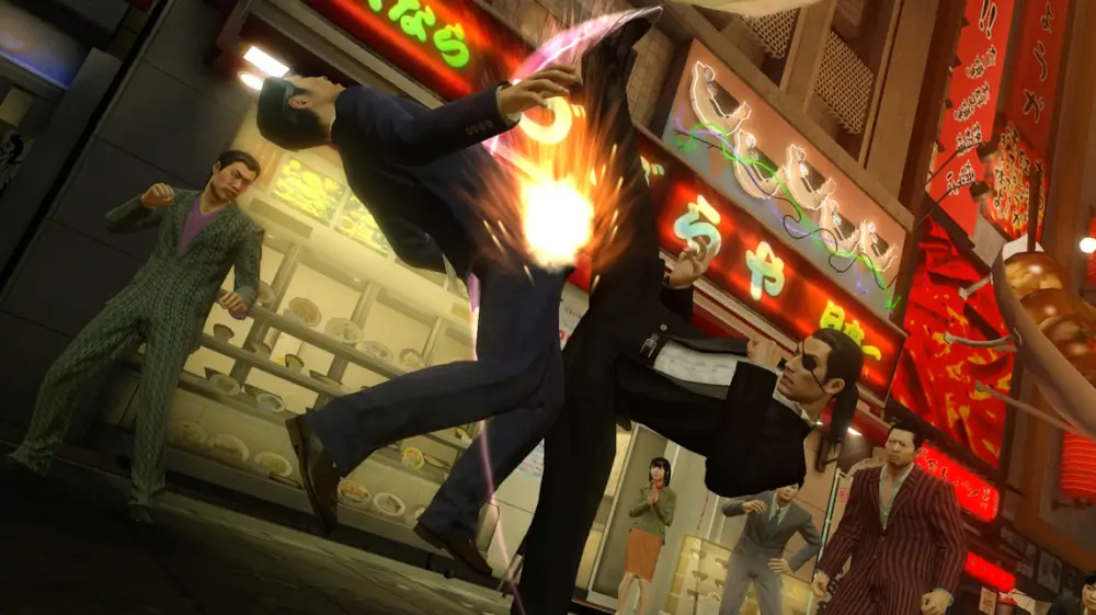 Yakuza 0 Director’s Cut שני שחקנים הולכים מכות ברחוב שחקנים נוספים מסתכלים עליהם