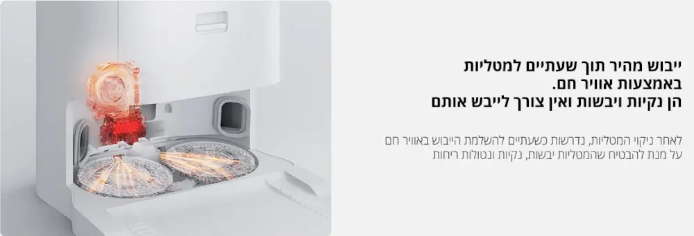 ייבוש מהיר תוך שעתיים למטליות באמצעות אוויר חם. הן נקיות ויבשות ואין צורך לייבש אותם