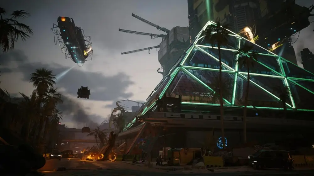 Cyberpunk 2077 Ultimate Edition מסוק בשמיים ומגדל גבוה מואר