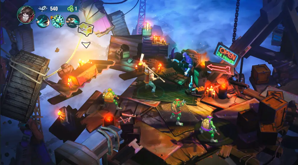 Teenage Mutant Ninja Turtles Splintered Fate הצבים עומדים גבוה ומסביב יש כדורי אש קטנים