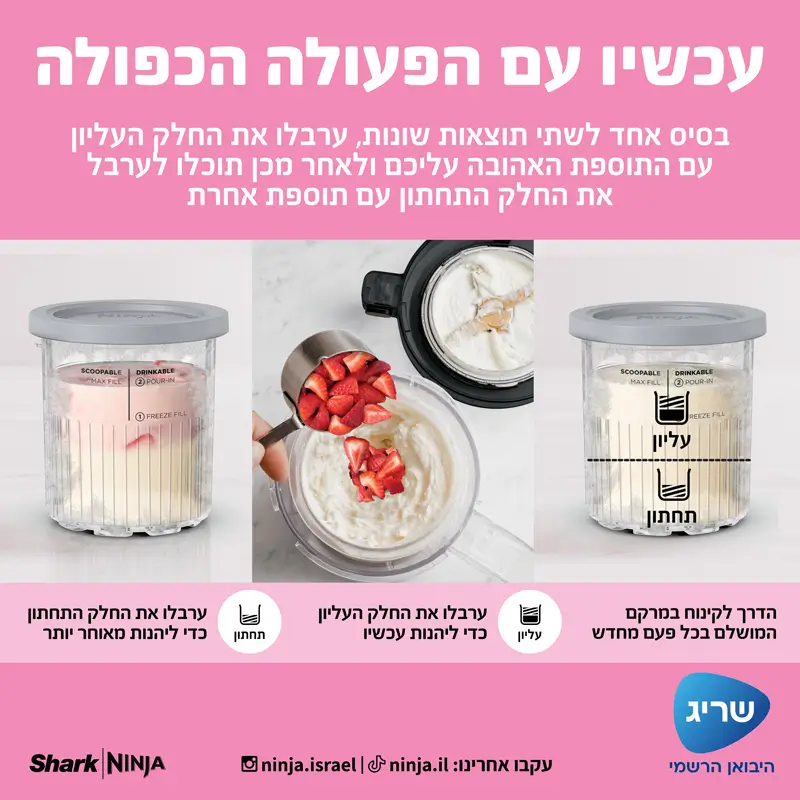 טכנולוגיית Creamify - מנועי ההפעלה הכפולה בשילוב מנוע בעוצמה גבוהה של 800W מפעילים לחץ כלפי מטה ומסובבים את המערבל הייחודיCreamerizer המבצע פעולות של קדיחה וחציבה ברכיבים הקפואים כדי ליצור מגוון פינוקים במרקמים קרמיים ממש כמו בגלידריה, ומתי שתרצו.