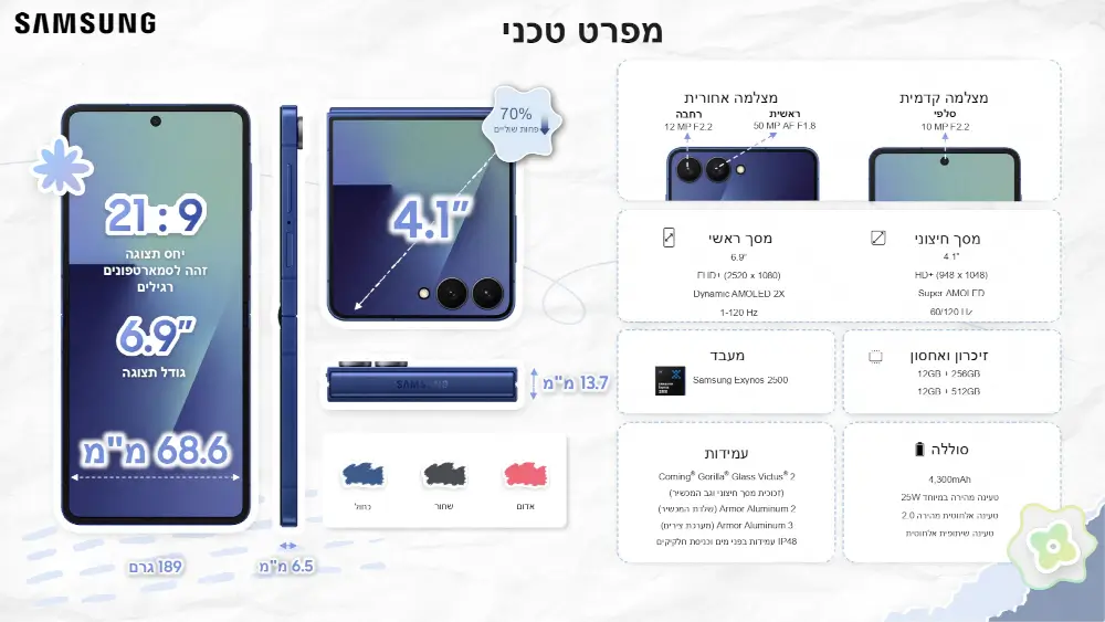 סמארטפון Galaxy Z FLIP 7 F766BE - Galaxy AI מבית Samsung