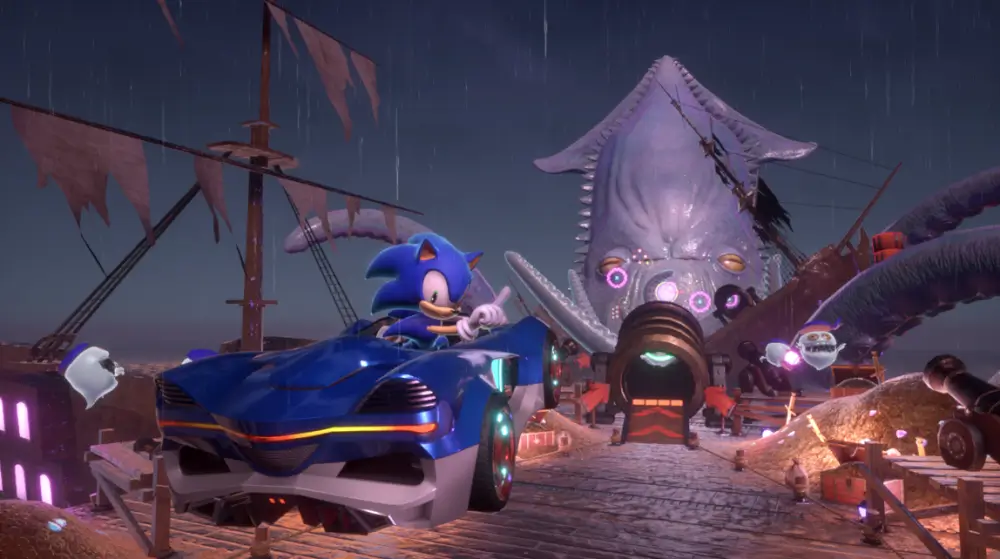 Sonic Racing: Crossworlds סוניק נוהג במכונית כחולה