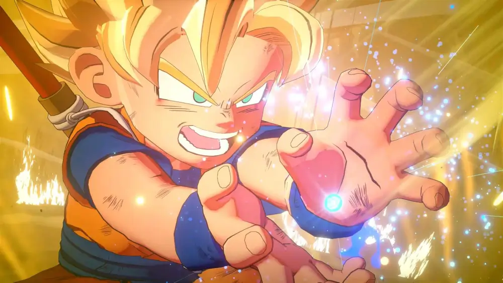 Dragon Ball Z: Kakarot Daima Edition אחד מהחברים של גוקו מצמיד את ידיו ויש אור צהוב