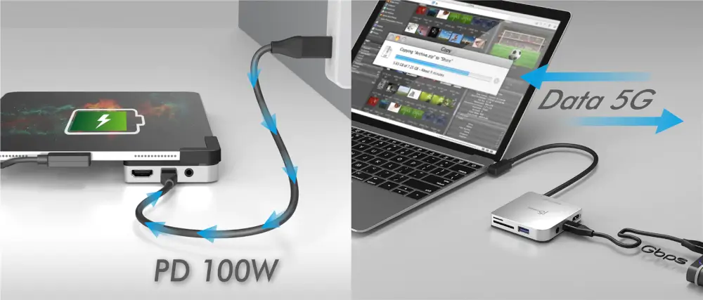 אספקת חשמל USB-C 100W + נתונים 5 Gbps