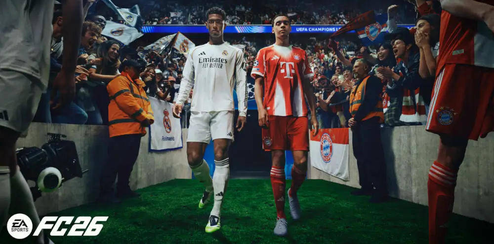 EA Sports FC 26  שחקנים על הדשא והקהל מסביבם מריע