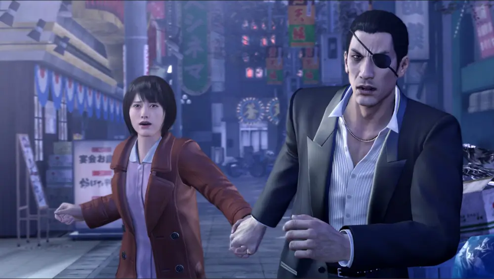Yakuza 0 Director’s Cut שני שחקנים רצים ברחובות מוץ למועדון הקברט