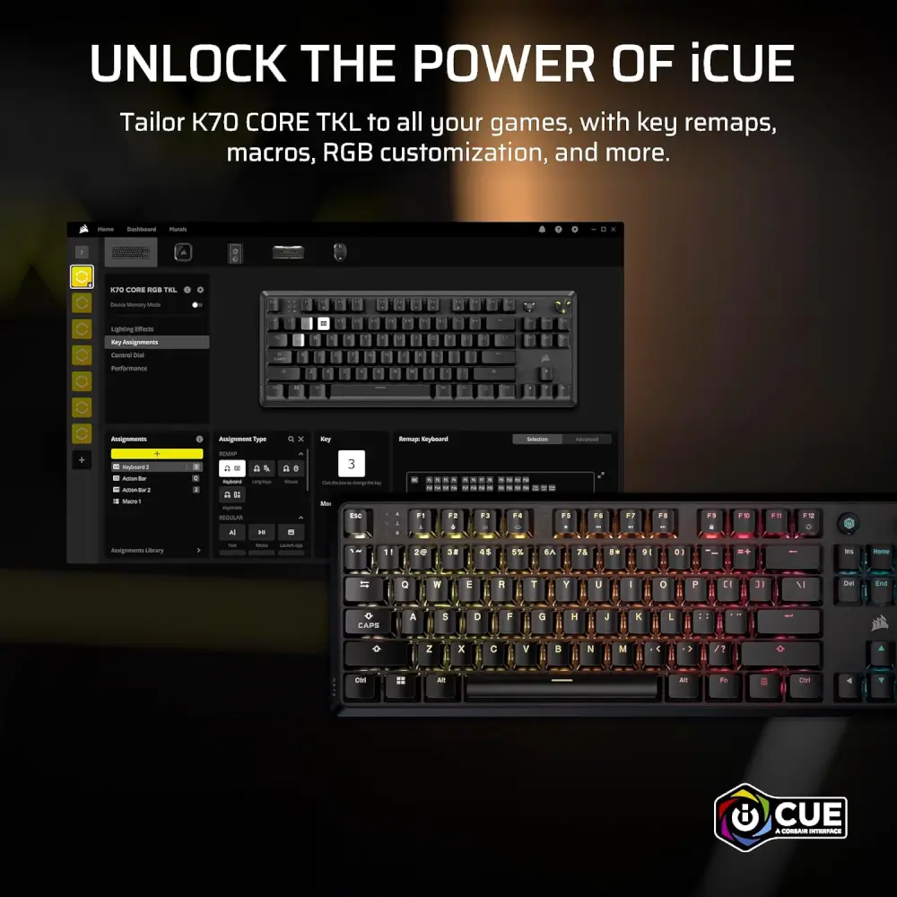 מקלדת מכנית קצרה K70 Core Tkl RGB ניתן להתאמה אישית
