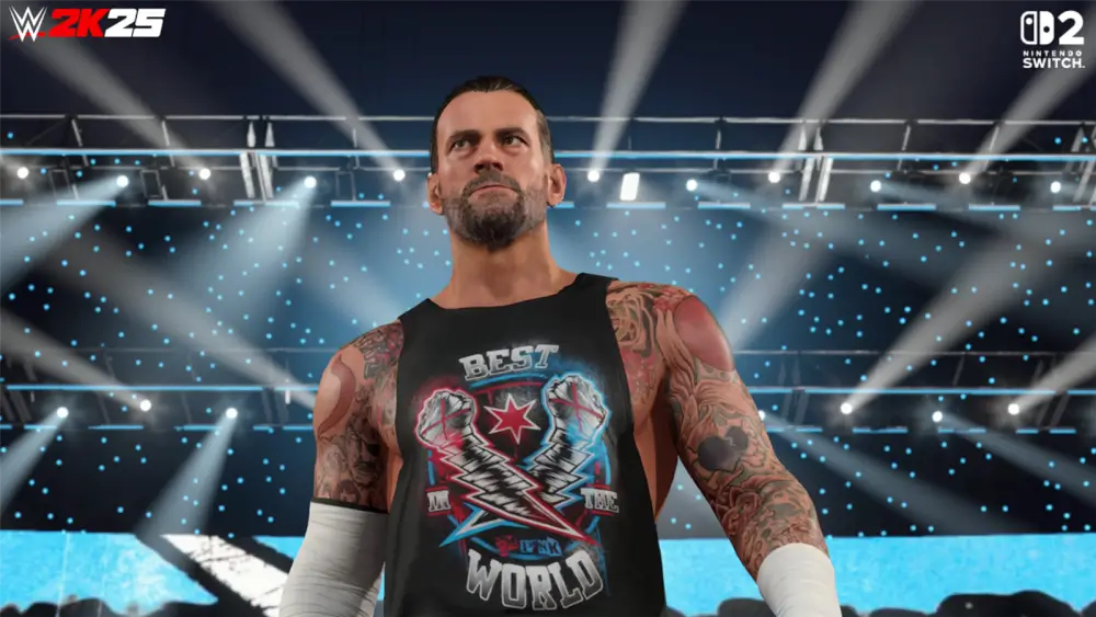 WWE 2K25 Code In Box אחד המתאבקים ומאחוריו הרבה אורות