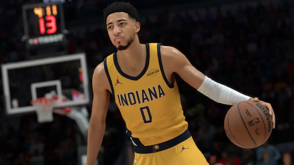 NBA 2K26  אחד השחקנים מחזיק כדור