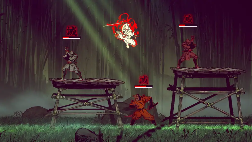 Shinobi: Art Of Vengeanceb שחקני הנינג'ות עומדים על במות גבוהות ומתחתיהם יש דשא