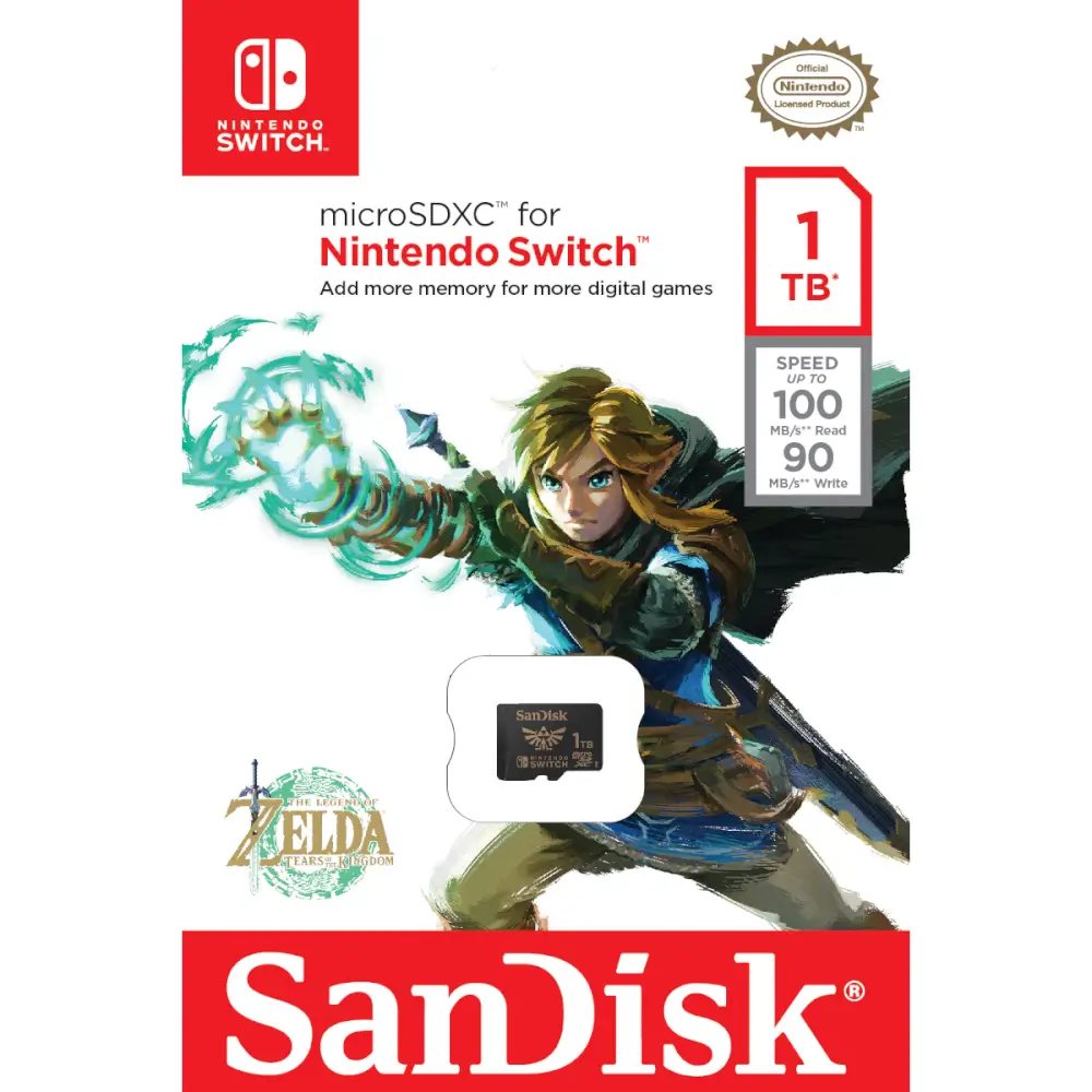   אחסון להרפתקאות ה-Nintendo Switch System האהובות עליכם במהירות מדהימה, כרטיס SanDisk microSDXC המורשה הרשמי עבור מערכת ה-Nintendo Switch מאפשר לכם להוסיף עד 1TB של שטח למערכת שלכם. הקדישו פחות זמן בהמתנה ויותר זמן במשחקים עם מהירויות קריאה וכתיבה של עד 100MB/s ו-90MB/s בהתאמה.  ברישיון Nintendo עבור מערכות Nintendo Switch כרטיס SanDisk microSDXC עבור מערכות Nintendo Switch תוכנן לספק אחסון אמין עבור כל המשחקים שתרצו.  מקום לחקור הוסיפו עד 1TB של אחסון למערכת ה-Nintendo Switch שלכם תוך שניות והירגעו בידיעה שיש לכם מקום למשחקים האהובים עליכם.  היכנס מהר למשחק עם קצבי העברה של עד 100MB/s, כרטיס SanDisk microSDXC עבור מערכות Nintendo Switch המספק ביצועים גבוהים עקביים כך שתוכלו לטעון משחקים במהירות.  היכנסו מהר למשחק עם קצבי העברה של עד 100MB/s, כרטיס SanDisk microSDXC עבור מערכות Nintendo Switch מספק ביצועים גבוהים עקביים כך שתוכלו לטעון משחקים במהירות.  אחסנו יותר, סחבו פחות עם כרטיס הזיכרון microSDXC Nintendo Switch אתם יכולים לשמור את המשחקים הדיגיטליים האהובים עליכם במקום אחד כך שאתם מוכנים למשחק בכל עת.  אחריות מוגבלת לכל החיים כרטיס SanDisk microSDXC עבור Nintendo Switch Systems מגובה באחריות מוגבלת לכל החיים כך שלמשחקים שלכם תמיד יש מקום אמין לקרוא לו בית.