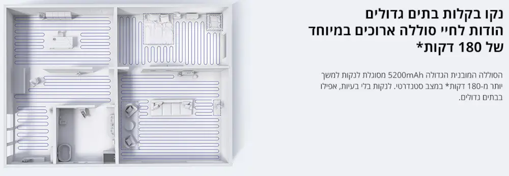 נקו בקלות בתים גדולים הודות לחיי הסוללה הארוכים במיוחד של 180 דקות