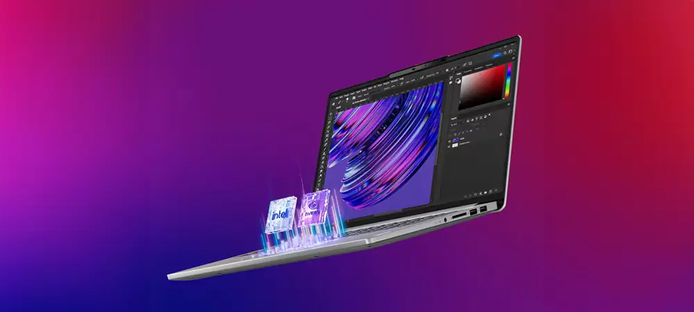 Lenovo IdeaPad Pro מציג עיצוב צבעוני ומופשט על המסך שלו. הרקע הוא שיפוע של סגול ואדום. נראה ששתי תמונות שבב מעבד הולוגרפיות שכותרתן 