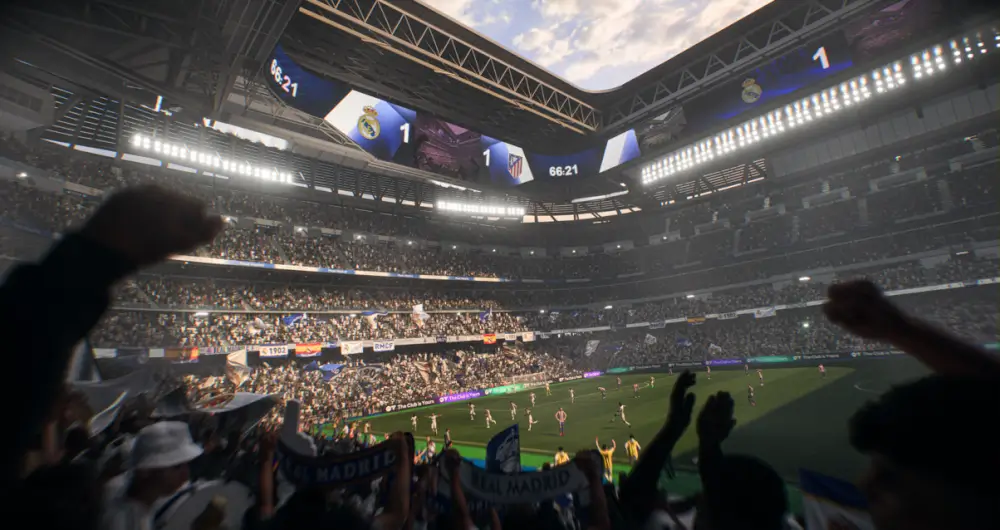 EA Sports FC 26 איצטדיון הכדורגל שחקנים על הדשא והקהל מסביב