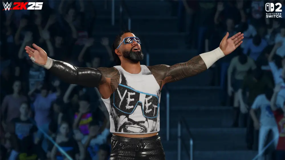 WWE 2K25 Code In Box אחד המתאבקים עומד ופורס ידיים לצדדים