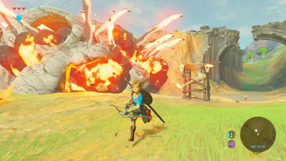 The Legend Of Zelda Breath Of The Wild זלדה רצה עם חץ וקשת מאחוריה אש ועצים