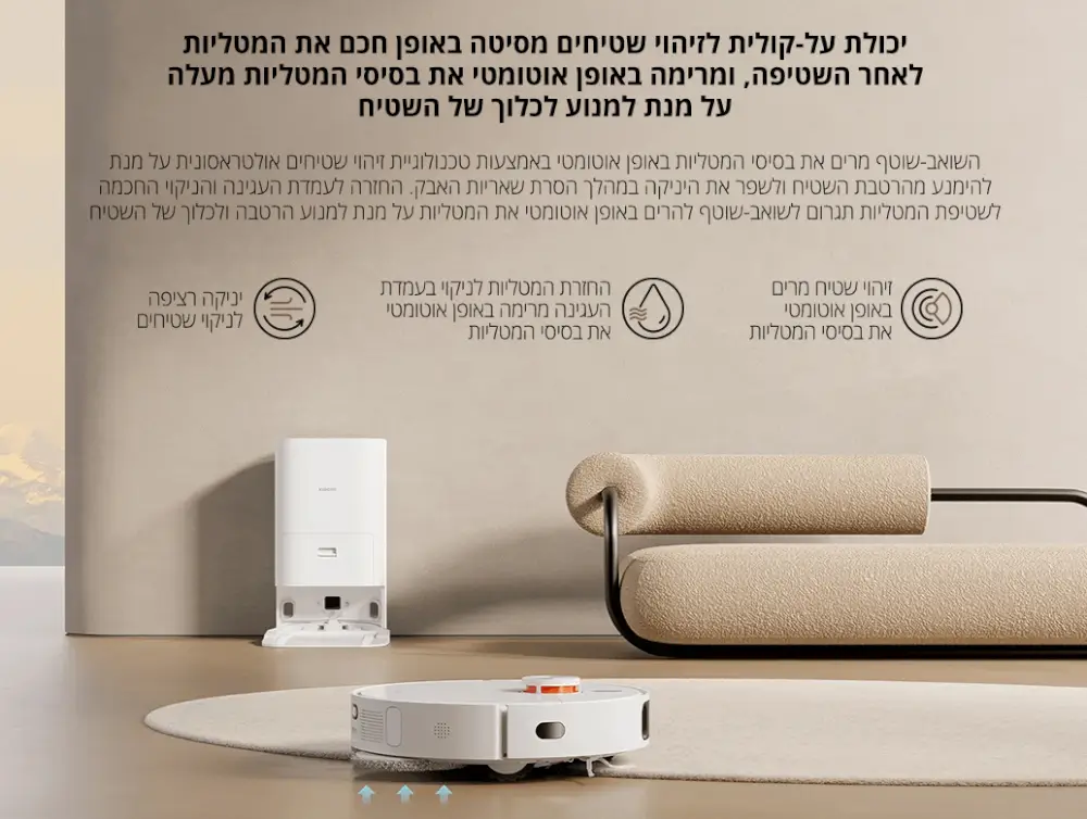 יכולת על-קולית לזיהוי שטיחים מסיטה באופן חכם את המטליות לאחר השטיפה, ומרימה באופן אוטומטי את בסיסי המטליות מעלה על מנת למנוע לכלוך של השטיח