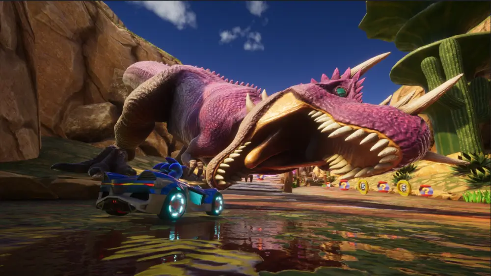 Sonic Racing: Crossworlds דינוזאור עם פה פעור ולידו נוסעת מכונית