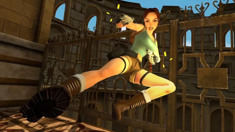 Tomb Raider IV-VI Remastered לארה קרופט קופצת ואוחזת אקדח ביד