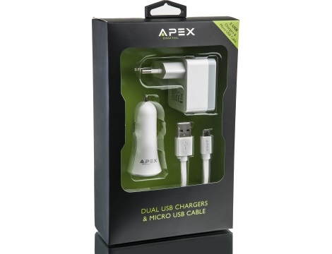 ערכת מטען קיר ומטען רכב  USB ו-MicroUSB APEX