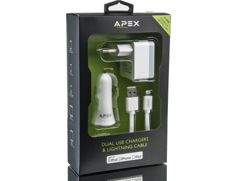 ערכת מטען קיר ומטען רכב  USB- Lightning APEX