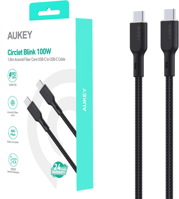 כבל סנכרון וטעינה CB-KCC102 100W USB-C to USB-C Aukey