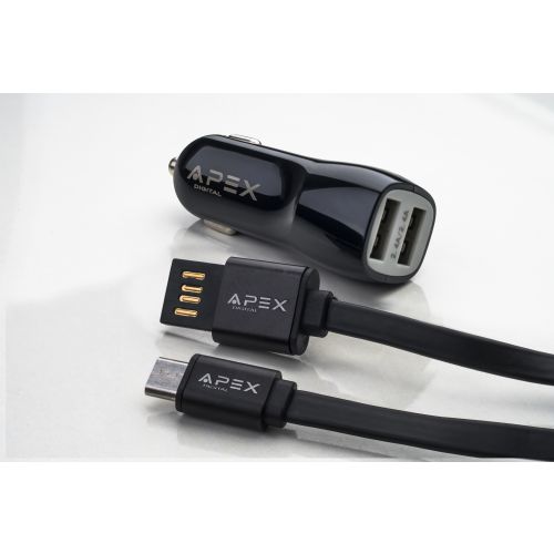 מטען רכב    2.4A עם שתי כניסות USB  + כבל מיקרו USB APEX