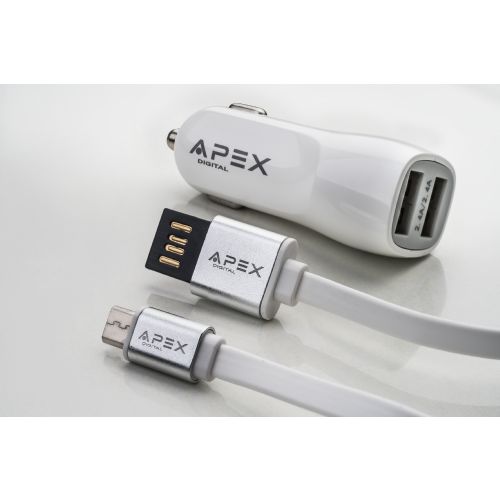 מטען רכב עם שתי כניסות USB + כבל מיקרו USB   C1000AN APEX