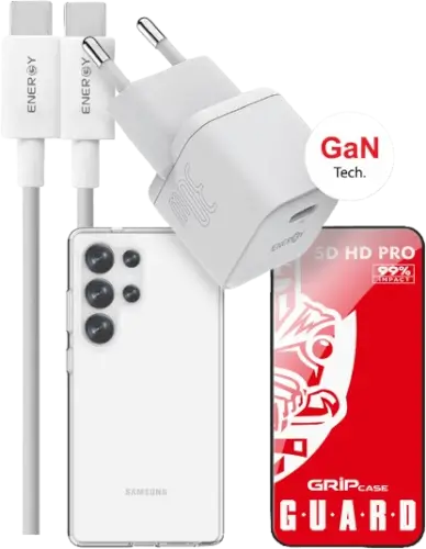 ערכת כיסוי שקוף+מגן מסך+מטען עבור Samsung Galaxy S25 Ultra Energy